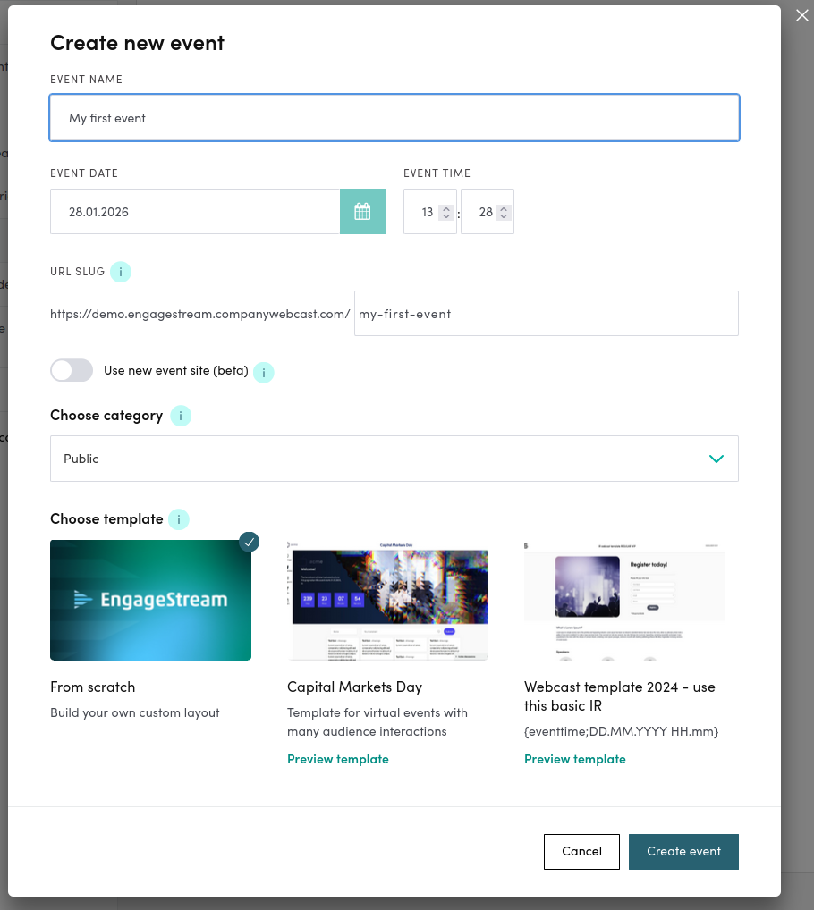 Create new event modal